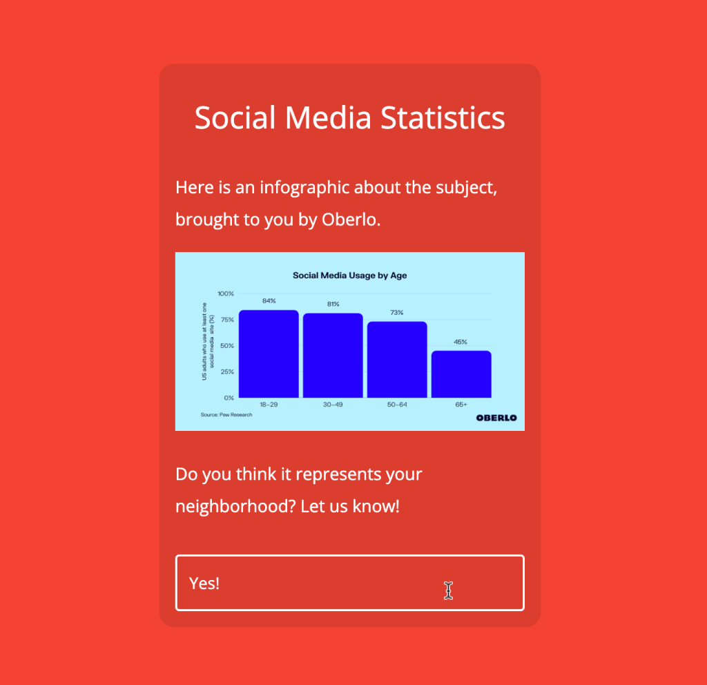 A mini-course card sharing a social media usage infographic and asking learners to respond.