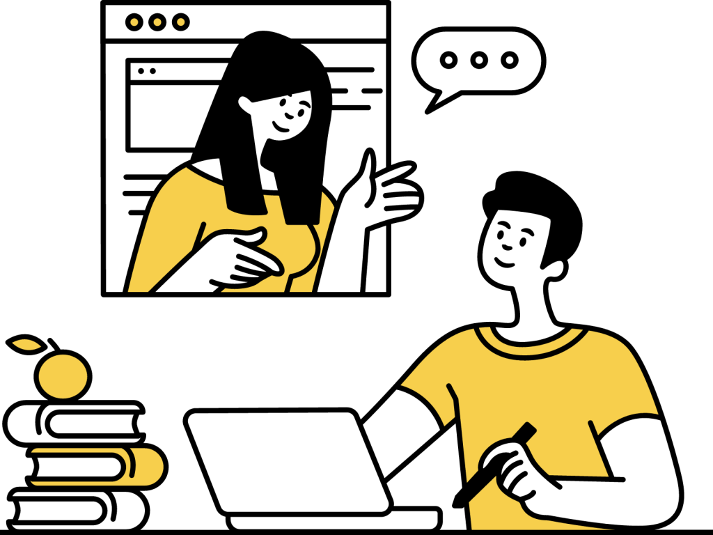 Line illustration of a person working at a laptop while another appears on screen with a speech bubble.