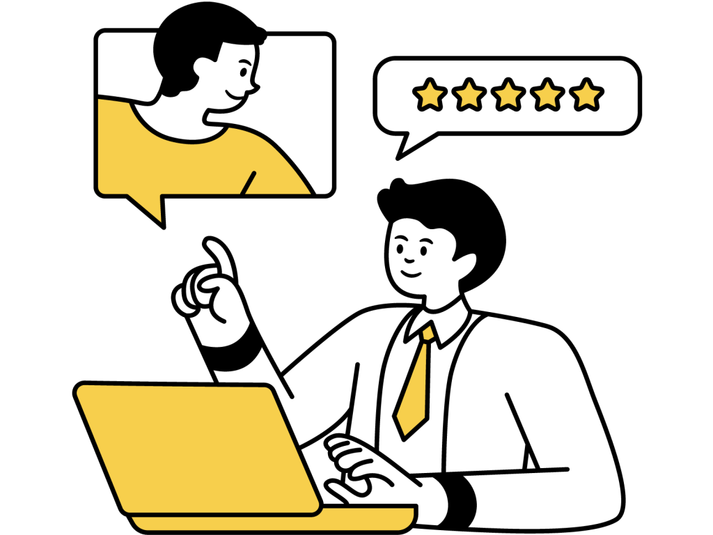 Line illustration of a person at a laptop giving a thumbs up beside a five-star rating.