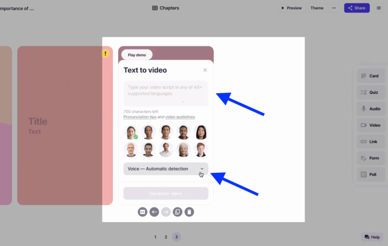 Un diálogo de texto a vídeo con un cuadro de guion, una fila de presentadores virtuales y un selector de voz, señalados con flechas.