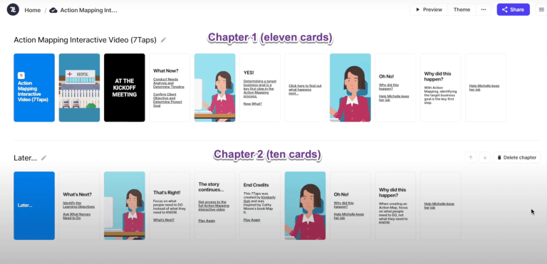 Un curso en el editor de 7taps con dos capítulos mostrados como tiras de once y diez tarjetas.