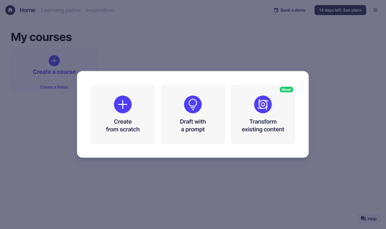 Un diálogo de creación de cursos que ofrece empezar desde cero, redactar con una indicación o transformar contenido existente.