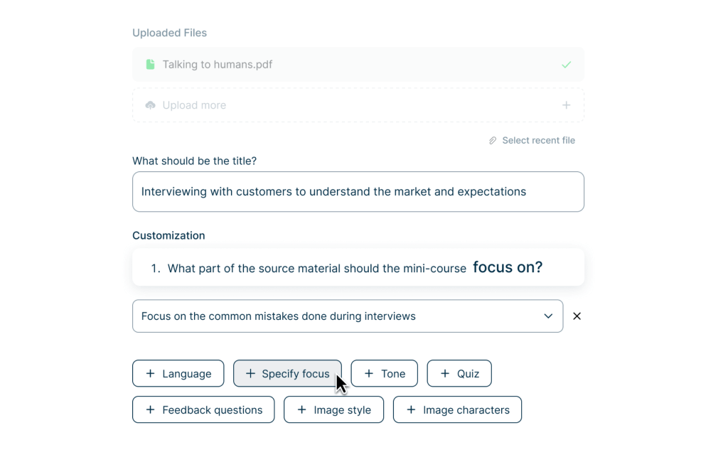 The AI course builder set up from an uploaded PDF, with fields for the title, the focus of the mini-course and options for language, tone, quiz and images.