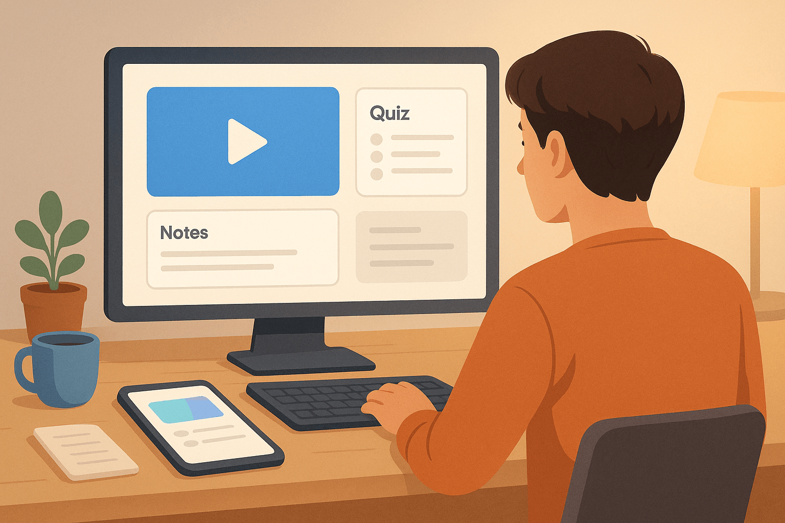Online learning illustration showing a student at a desk using an e-learning platform with video lessons, interactive quizzes, and notes for course creation and study engagement.