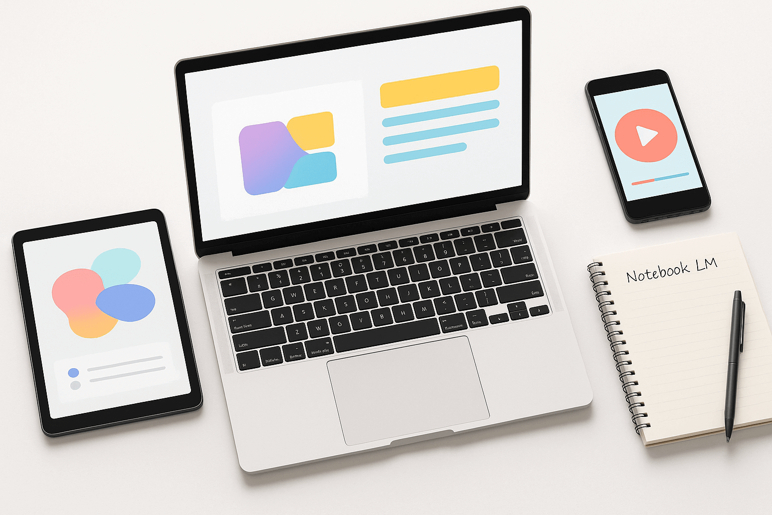 lat lay of digital learning tools with laptop, tablet, and smartphone displaying colorful course content, highlighting modern e-learning platforms and online course creation.
