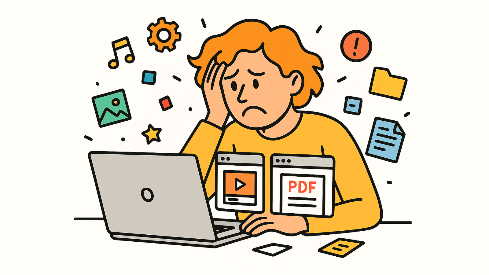 Cartoon of a frustrated learner overwhelmed by multiple tabs for video and PDF files, representing the challenges of online learning without integrated course creation tools.