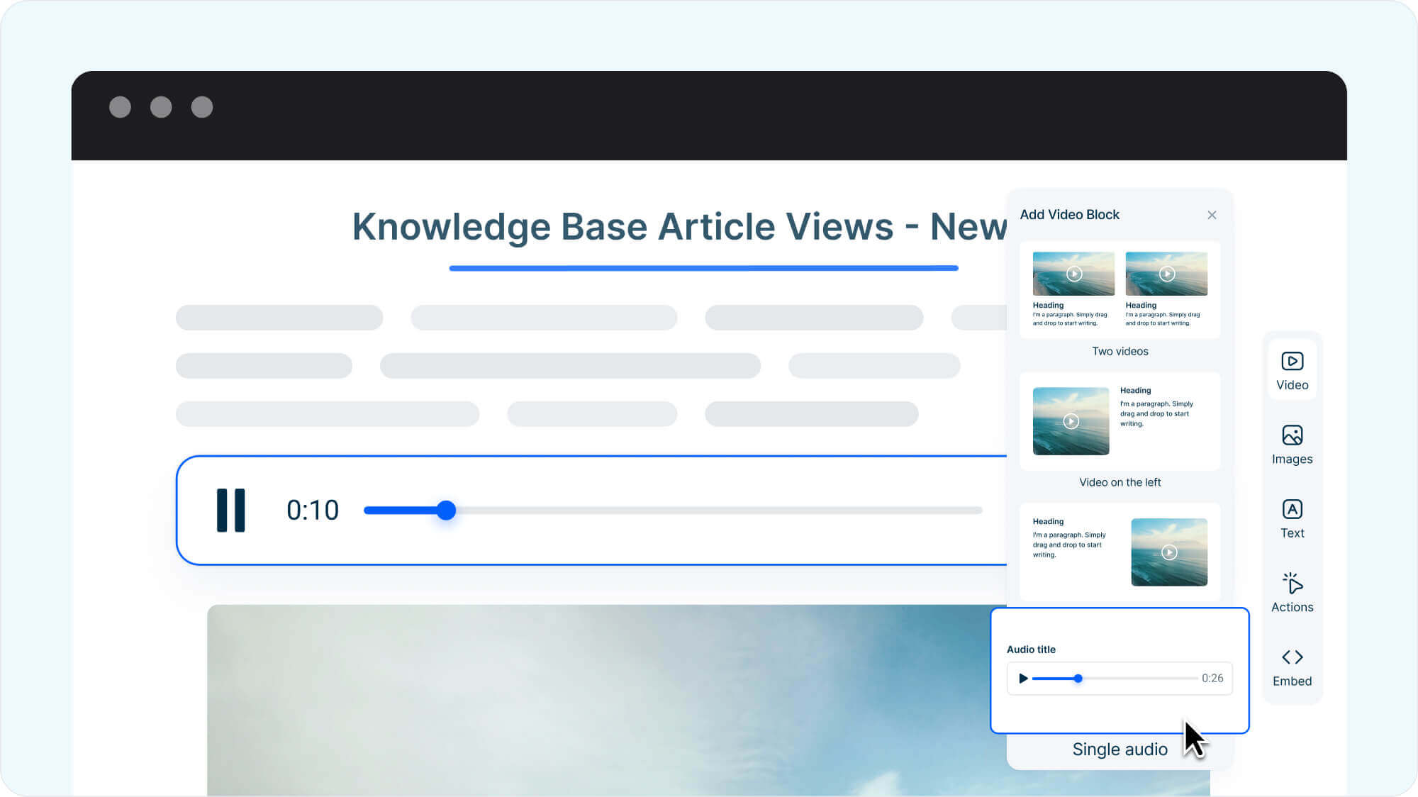 Mini Course Generator interface showing new audio upload block with playback controls, allowing creators to add single audio files into courses.