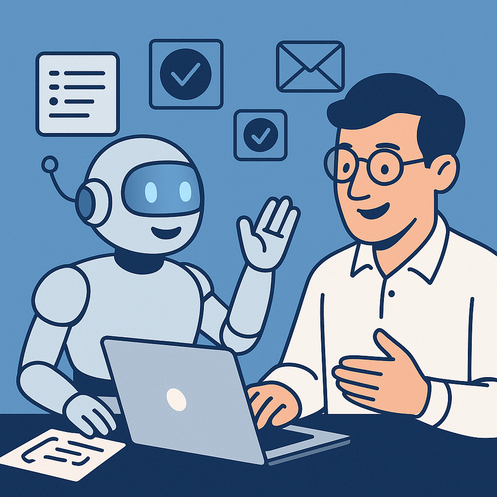 Flat illustration of a friendly robot sitting beside a human teacher at a desk with a laptop, surrounded by icons for outlines, quizzes, and emails, symbolizing AI as a supportive teaching assistant.