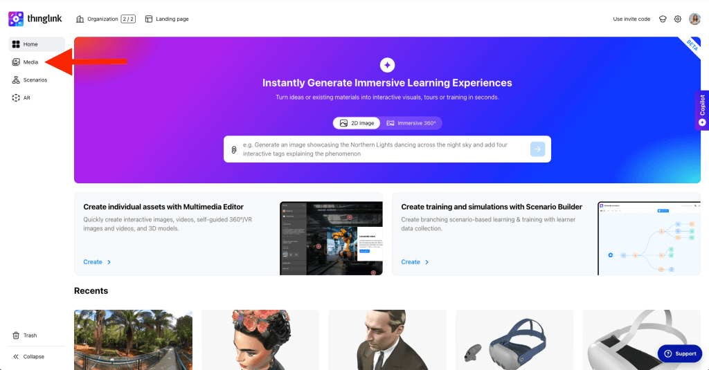 Access your ThingLink media library to create or manage interactive images, videos, and immersive 360° learning assets.