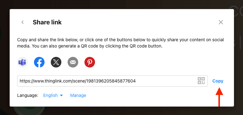 Copy the ThingLink share link from the share menu to quickly integrate your interactive media into courses or presentations