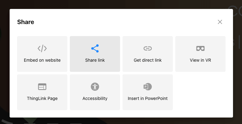 Select from multiple ThingLink sharing options including embed on website, share link, direct link, or VR viewing.