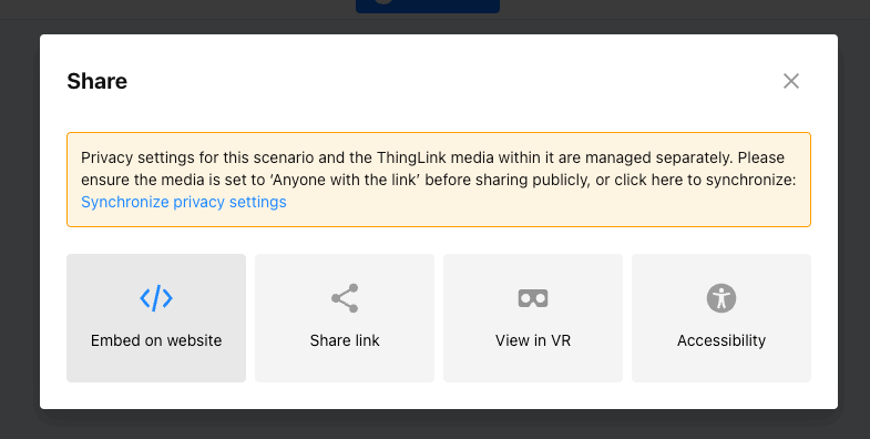 ThingLink share settings screen showing options to embed on website, share link, view in VR, or enable accessibility, with a privacy warning to synchronize settings.