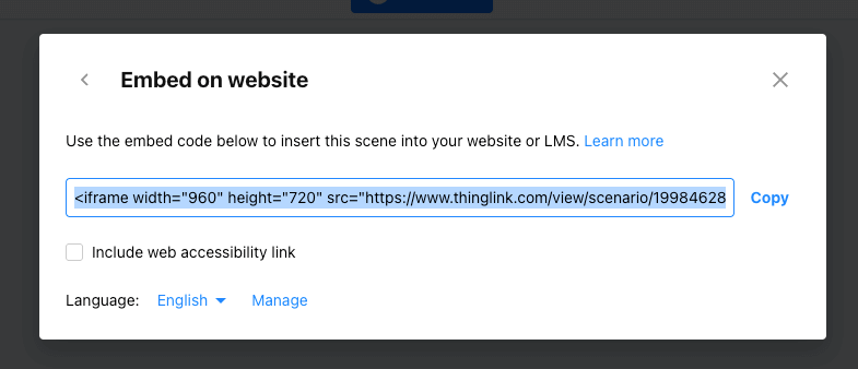 ThingLink embed window displaying iframe code for inserting an interactive scenario into a website or LMS, with copy option and accessibility checkbox.
