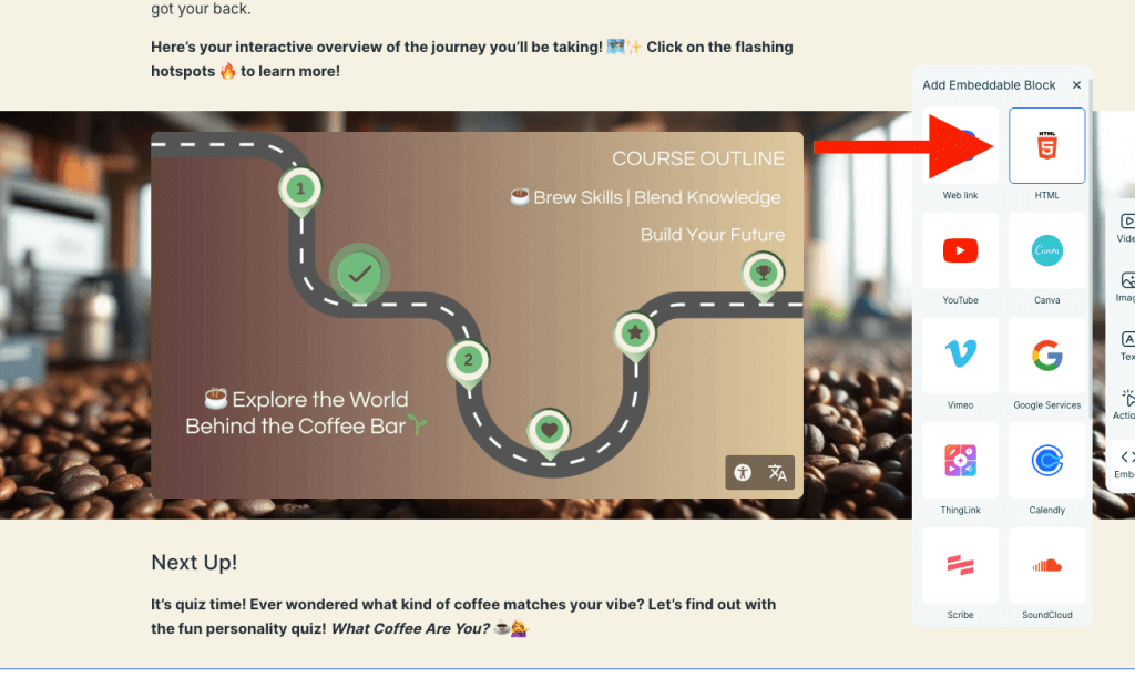 Mini-course editor embedding a ThingLink interactive course outline using HTML block, with course roadmap image and embed options visible on the right.