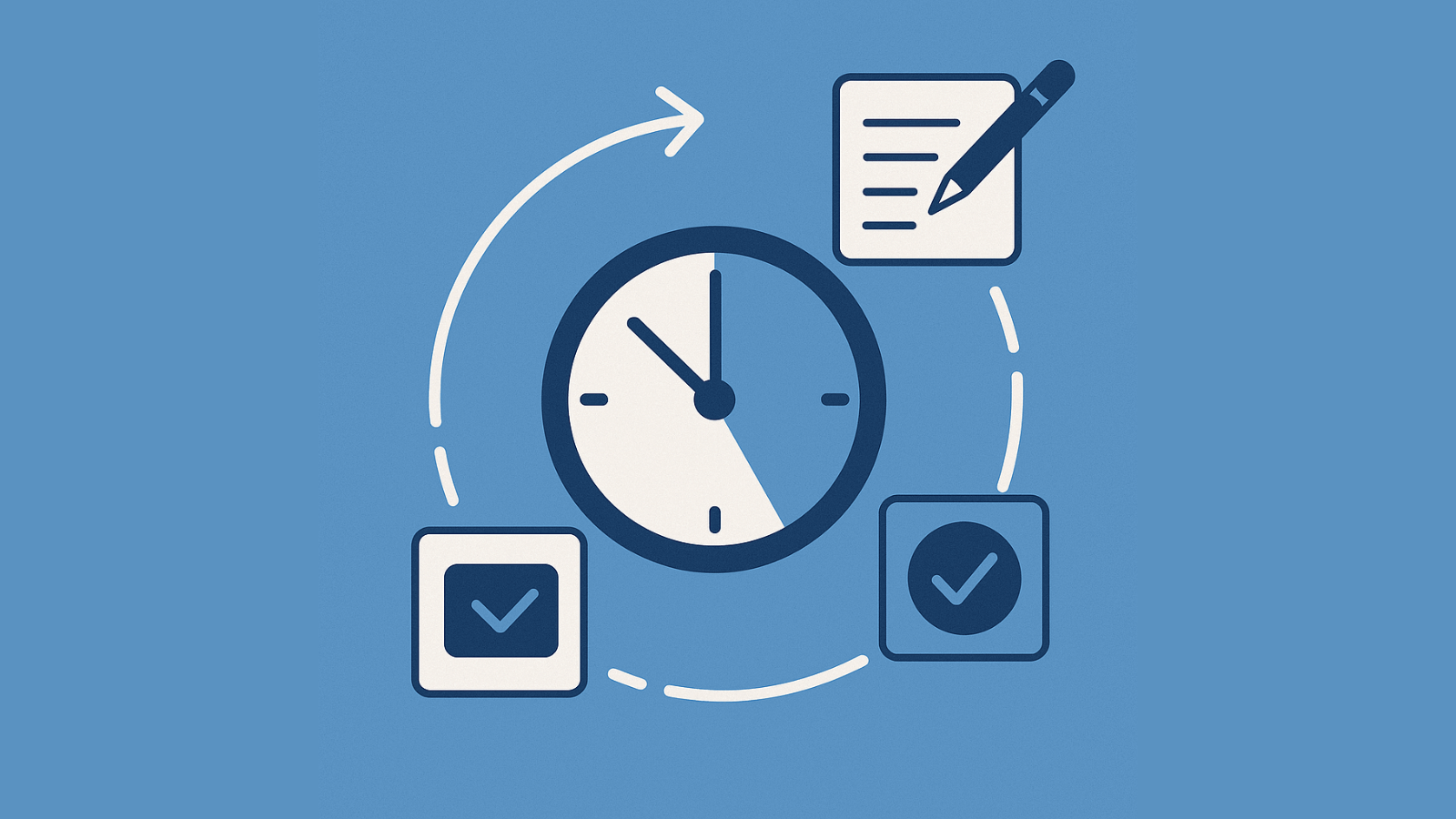 Flat illustration of a clock with half shaded, surrounded by icons of writing, quizzes, and checkmarks, symbolizing time-saving productivity in online course creation.