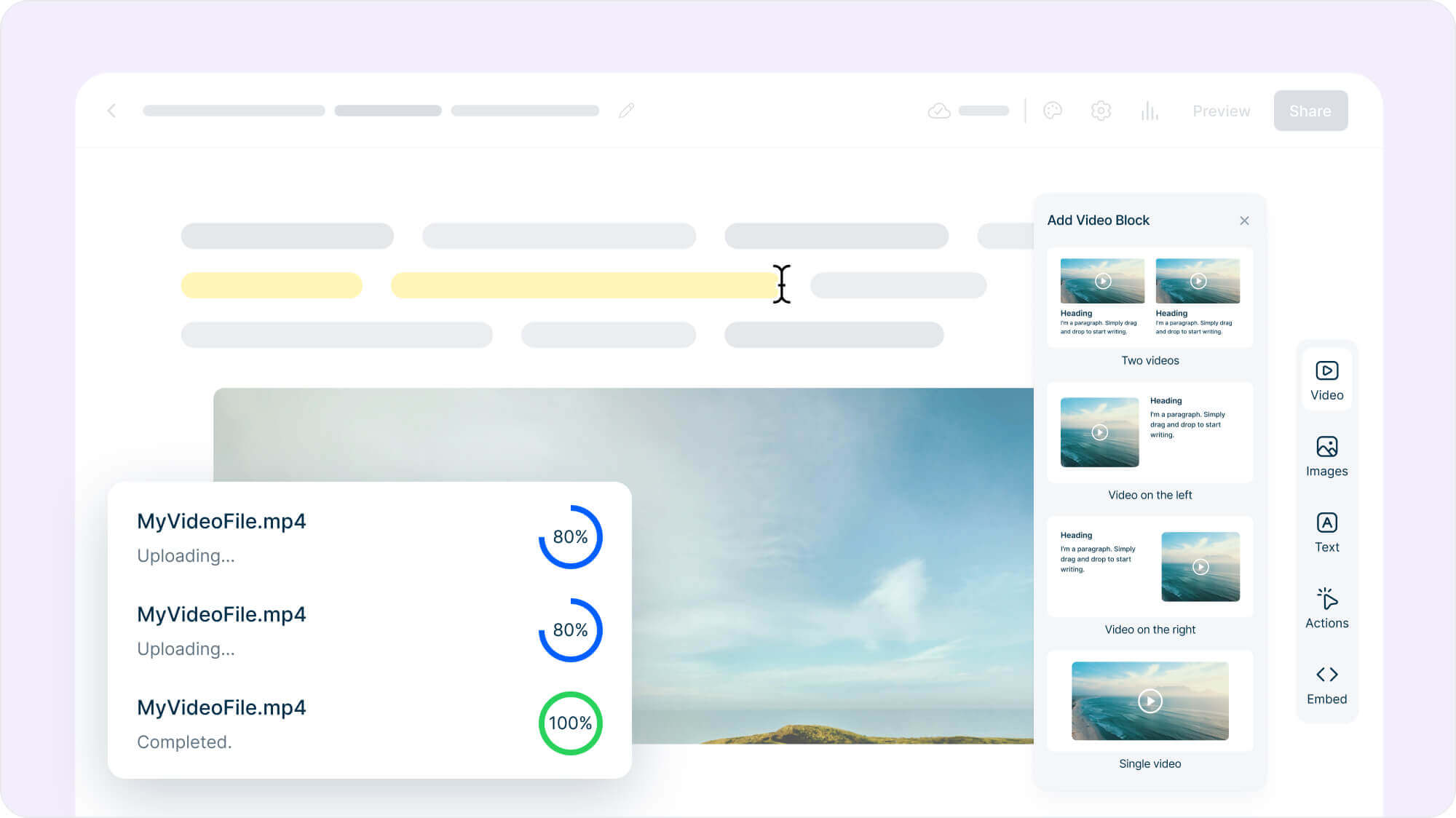 “Mini Course Generator improved video upload experience showing progress bars for multiple files with background uploading inside the course editor.