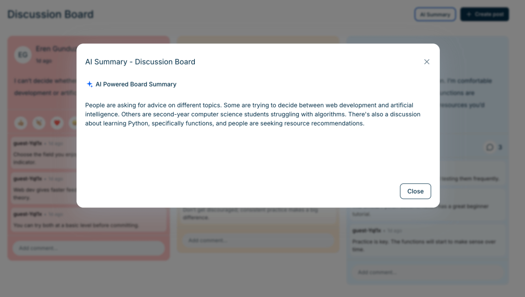 AI-powered summary modal that automatically synthesizes discussion board conversations, highlighting main questions, topics, and learner needs in one concise view.