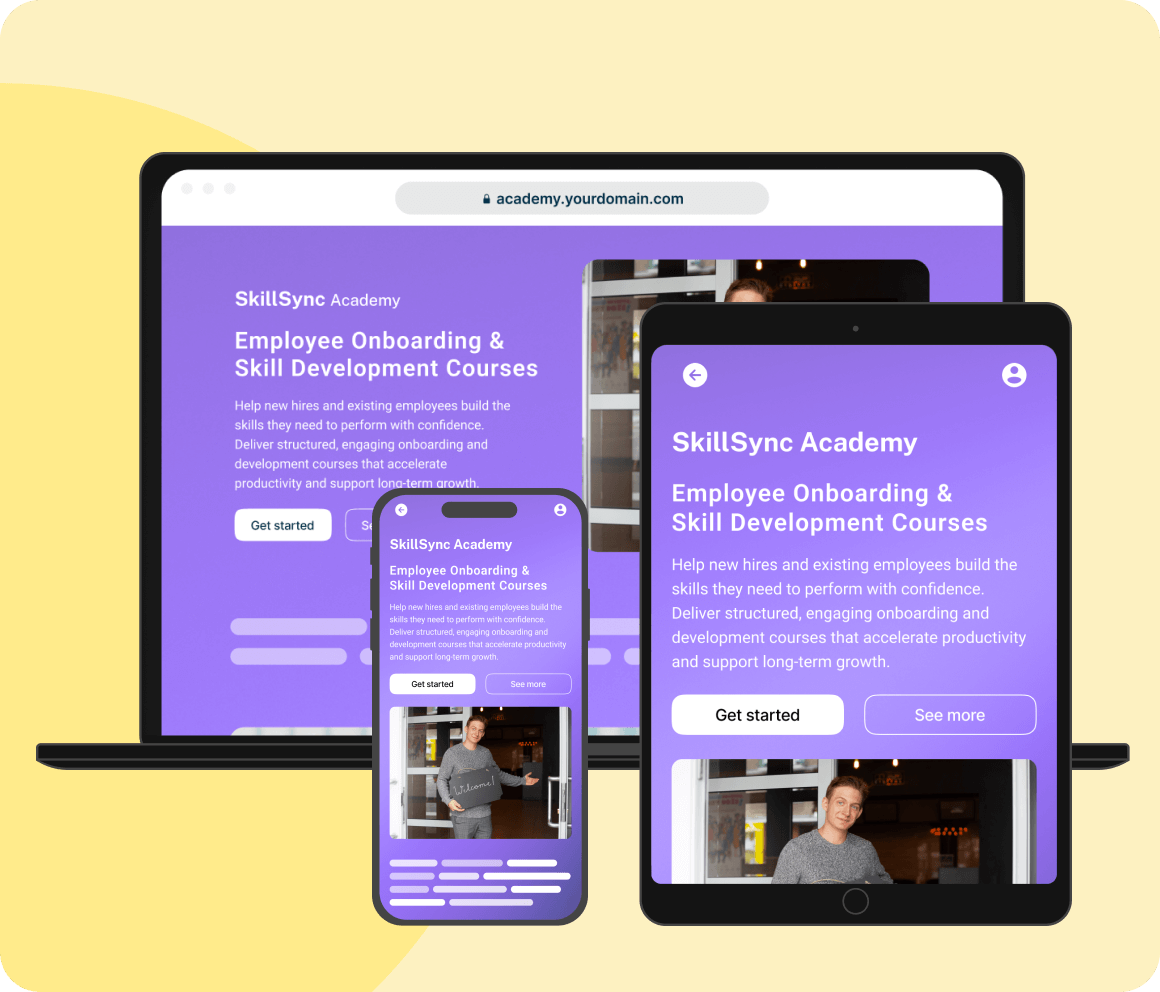 Interactive and Mobile Learning for Employees Employee completing mobile training on multiple devices including desktop tablet and smartphone